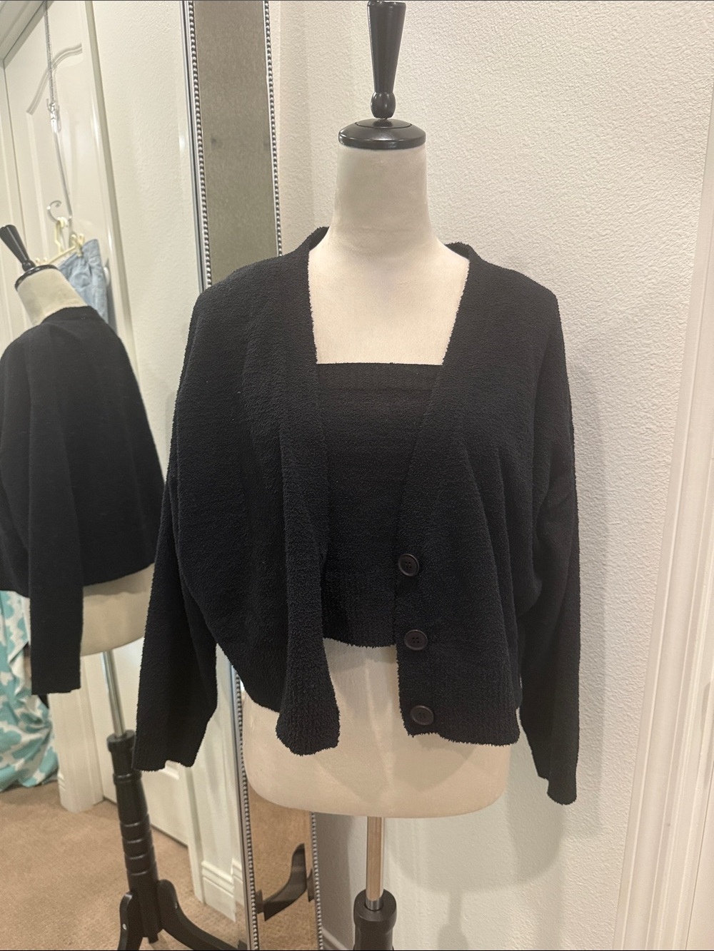 Central Park West Black Cropped Button Cardigan with Matching Tank